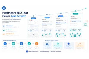Flat vector illustration showing SEO results timeline for healthcare providers and local businesses with ranking growth, Google search visibility, local SEO optimisation, and technical SEO progress from month 1 to month 12. by Ranking Solutions